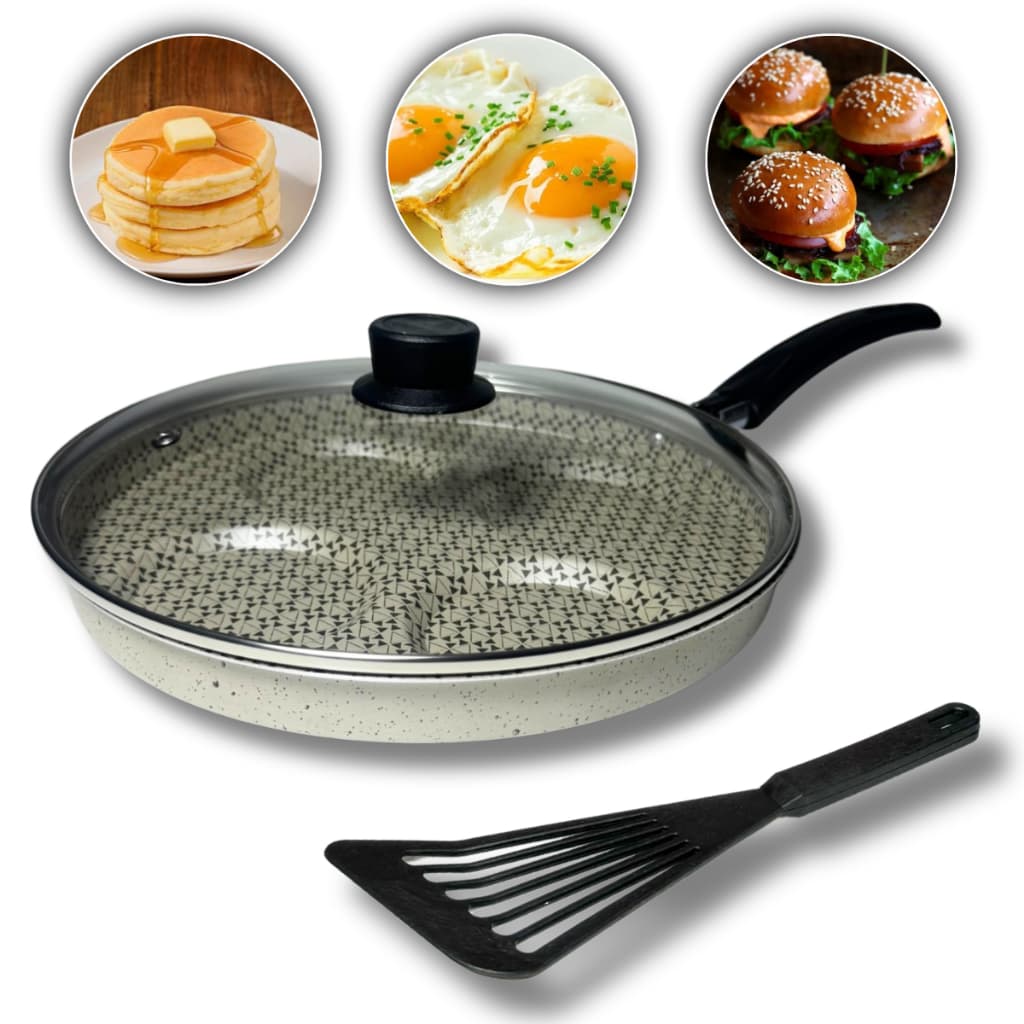 Frigideira 4 em 1 multiuso, ovos/hamburguer antiaderente com fundo usinado + tampa de vidro 26 cm