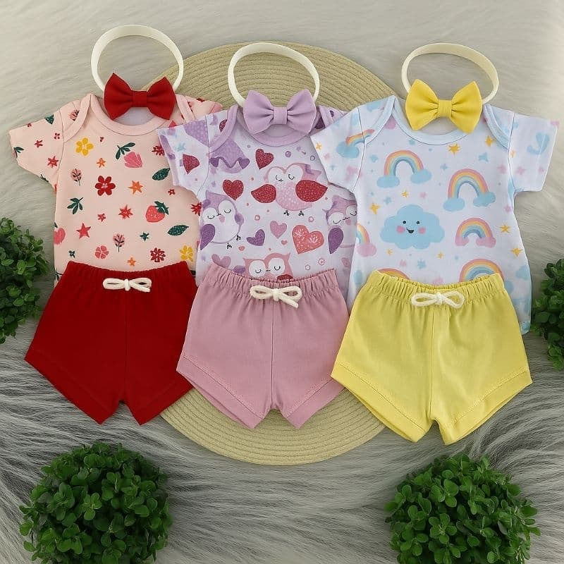 Conjunto Body Temático e Faixa 3 Peças para Bebê - Bory, Shorts e Faixa de Cabelo.