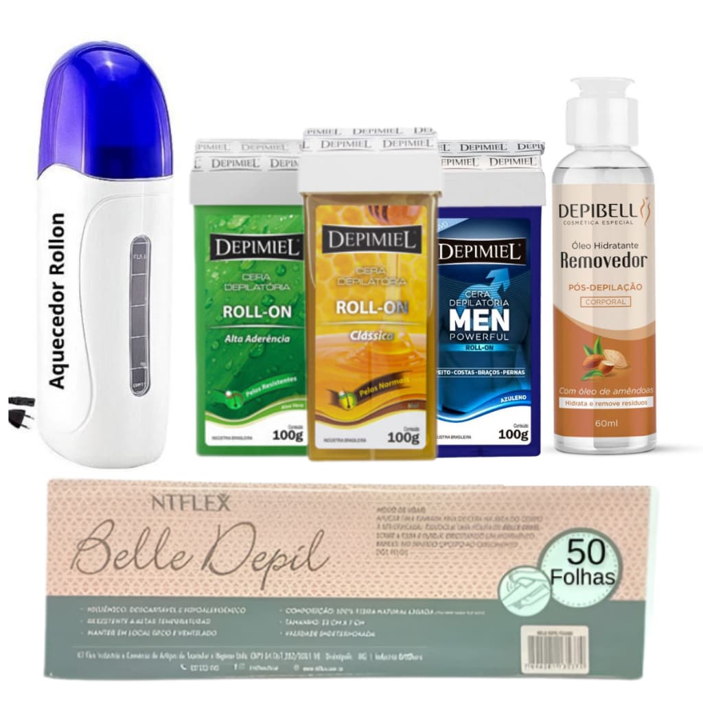Kit 3 Cera Quente Depimiel 100g + Aquecedor Roll On + Óleo Removedor 50 Folhas Tnt Depilaçao
