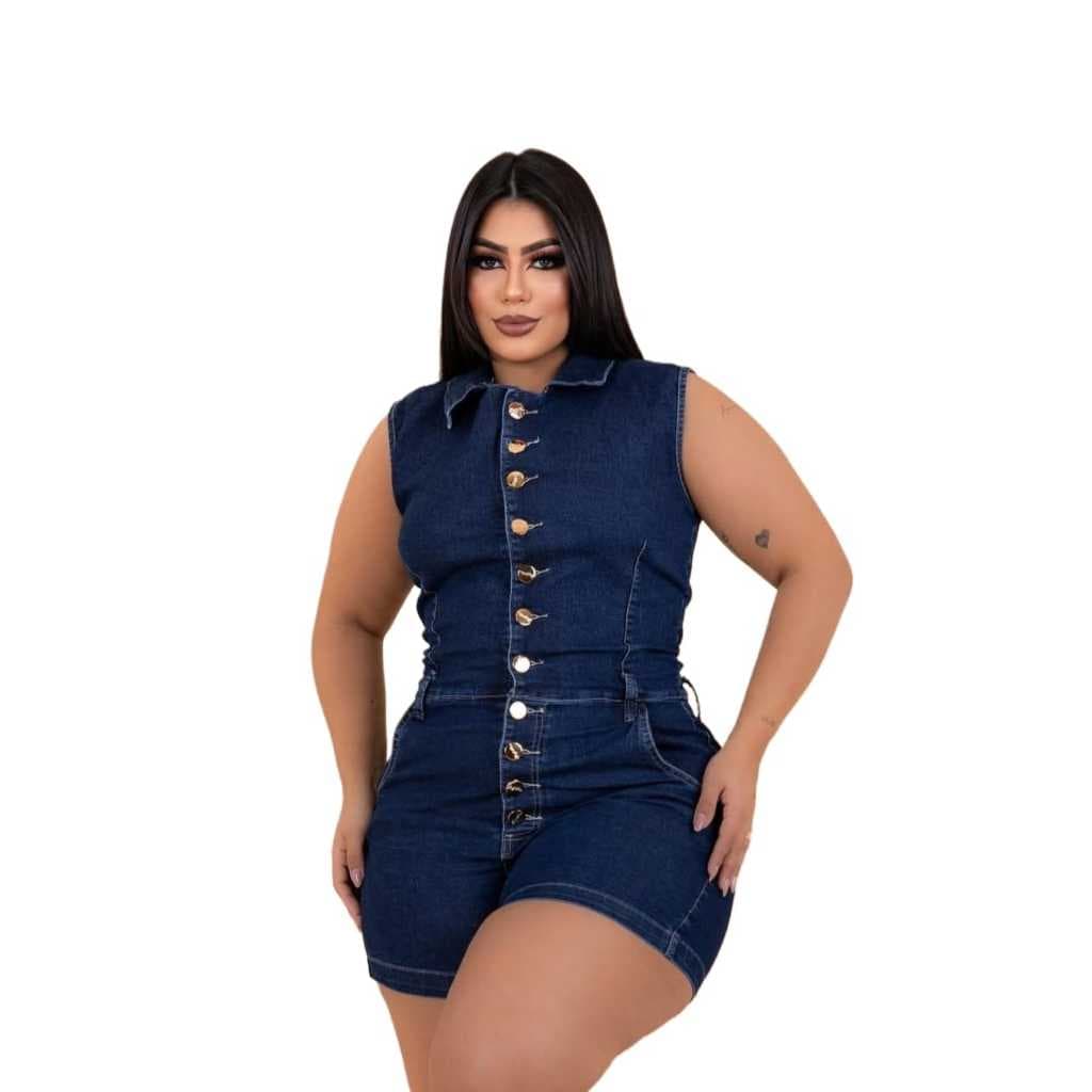 Macaquinho Jeans Plus Size com Lycra Macaquinho Jeans curto feminino Plus Size 46 ao 54