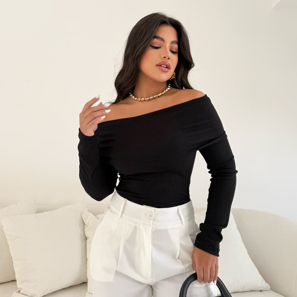 Blusa manga longa  Ombro a Ombro Decote com babado inverno tendência Verão Primavera