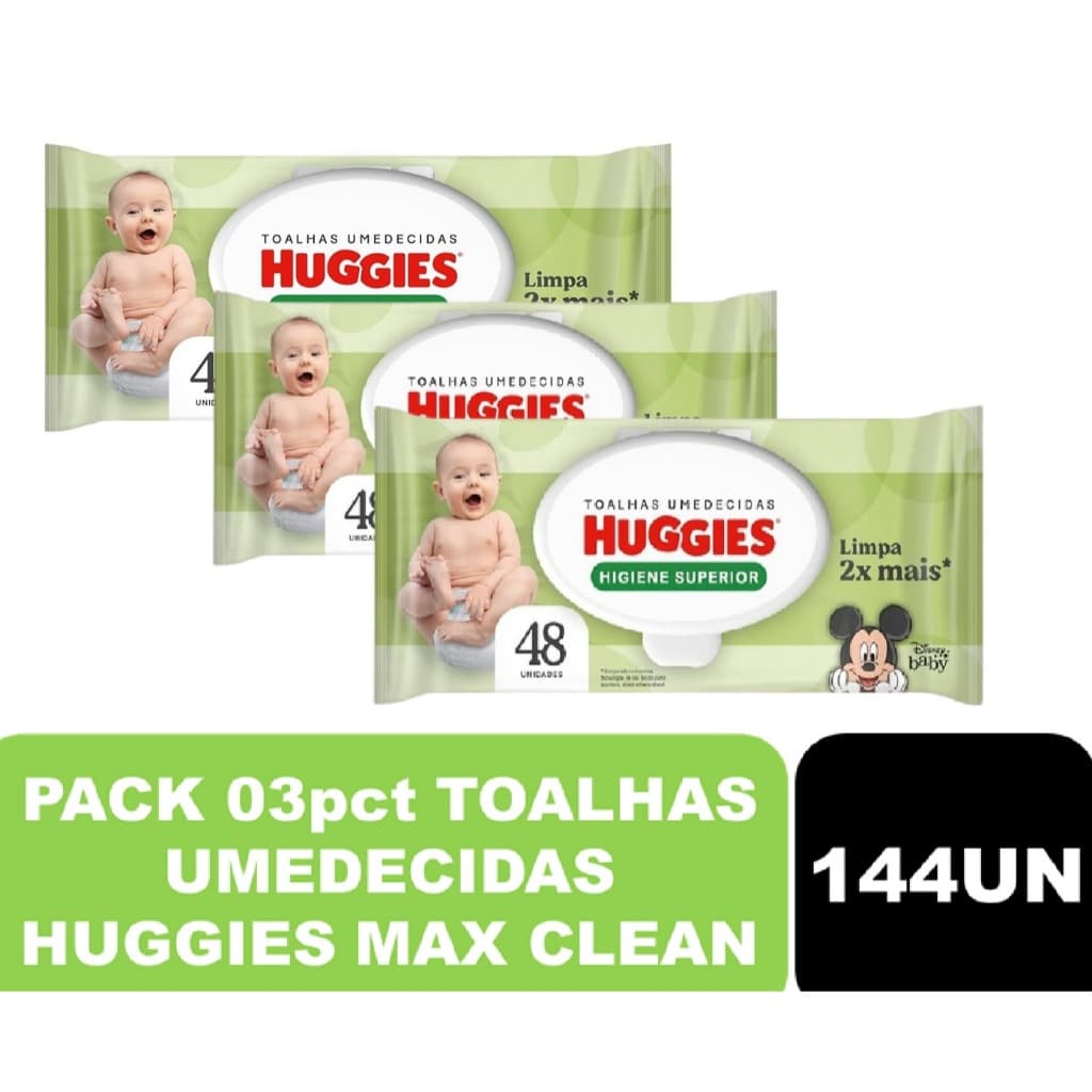 Kit 03 pcts 48un Toalhas Umedecido HUGGIES MaxClean (144 unidades)