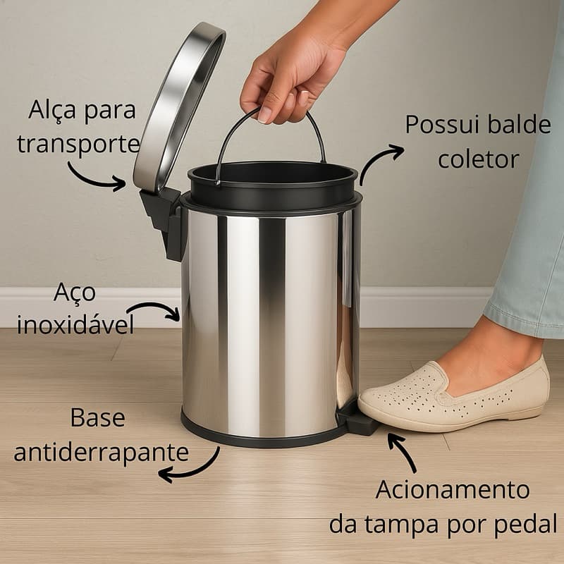 Lixeira 3Lts 5Lts 7Lts 12Lts de Inox  Com Pedal e Cesto Removível Banheiro Cozinha