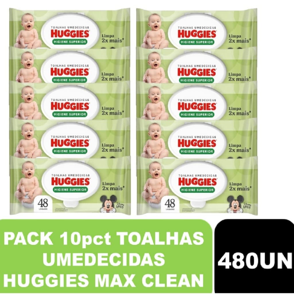 Kit com 10un Toalhas Umedecido HUGGIES MaxClean com 48 unidades