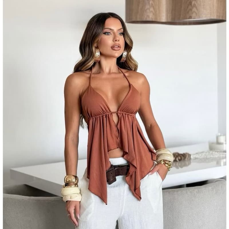 Blusa Cortininha Frente única Malibu Bata babado costas nuas tendência moda Cropped