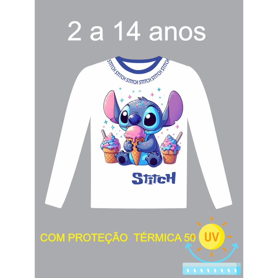 CAMISA STITCH COM PROTEÇÃO TÉRMICA UV+50 CAMISETA SEGUNDA PELE INFANTIL