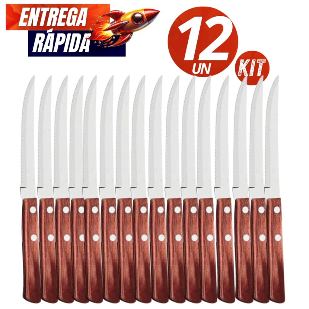 Jogo Conjunto Talher 12/06 Facas inox com Cabo de Madeira Faqueiro Linha Premium Casa Culinária