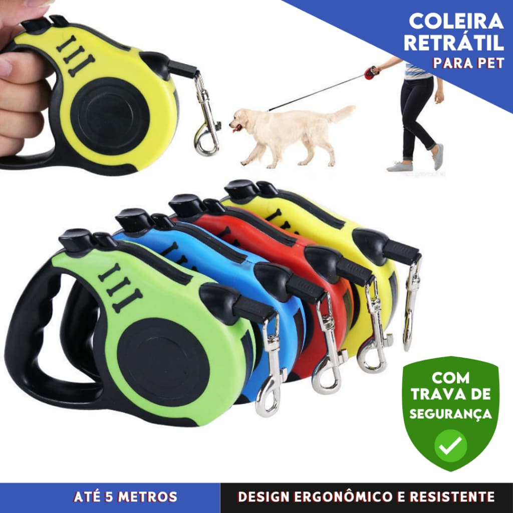 Coleira Pet 5 Metros Guia Retrátil Com Trava Resistente e Segura Para cães e Gatos - SHEFA