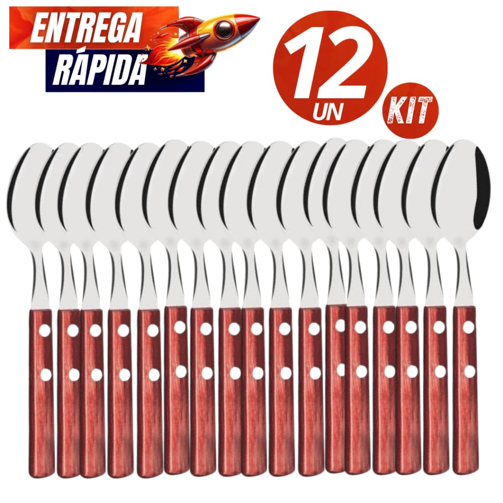 12/06  Colher de Cozinha Aço Inox Talher Grande Cabo Madeira de Serra Resistente