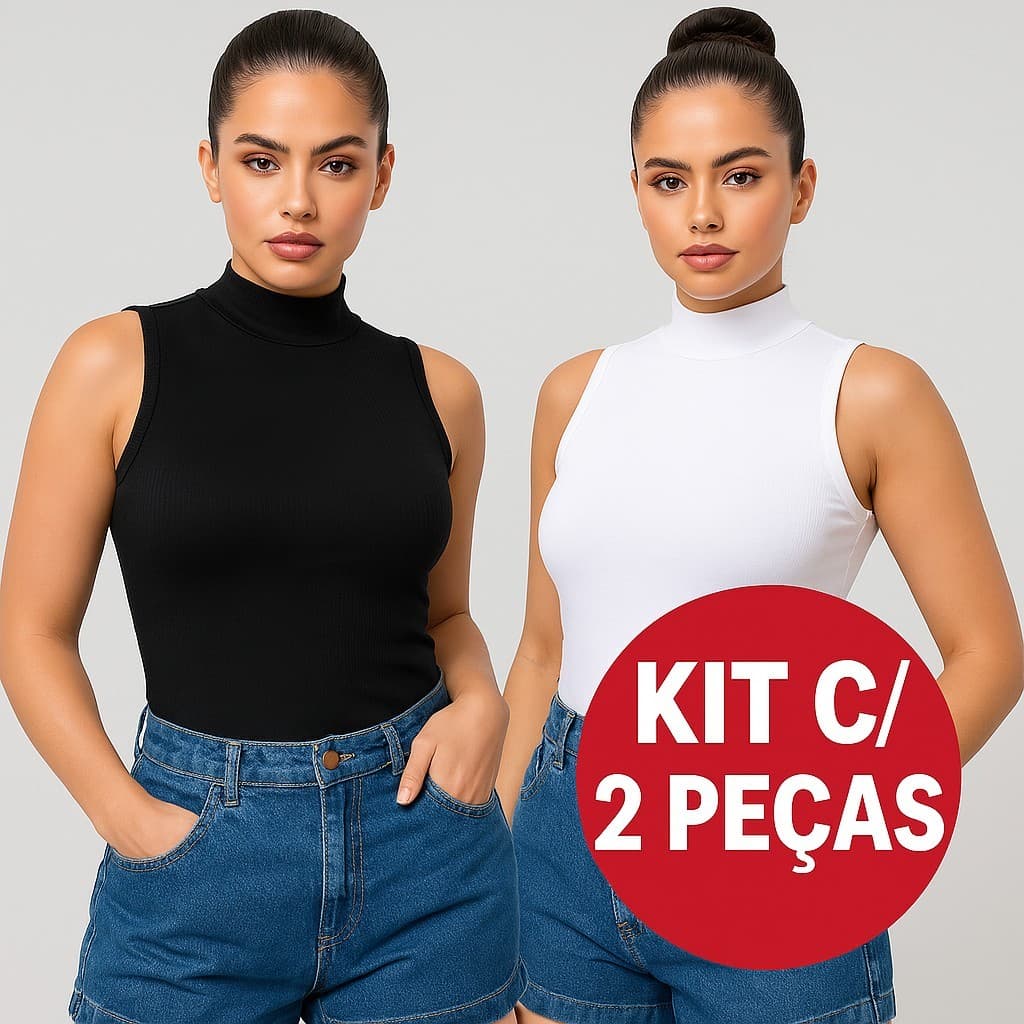 Kit com 2 Blusas Femininas Regata Gola Alta Sem Manga – Ribana Canelada