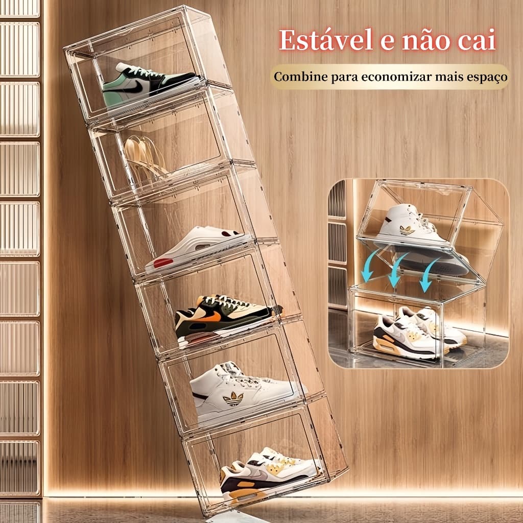 Kit6 Caixa De Sapato Transparente Empilhável Resistente PET À Poeira E Oxidação Organizador Acrílico ComAbertura Magnéti