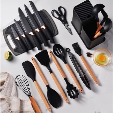 Kit Completo Jogo Utensílios de Cozinha Luxo 12/19 Peças Com Tábua em Silicone Espátula Faca Tesoura