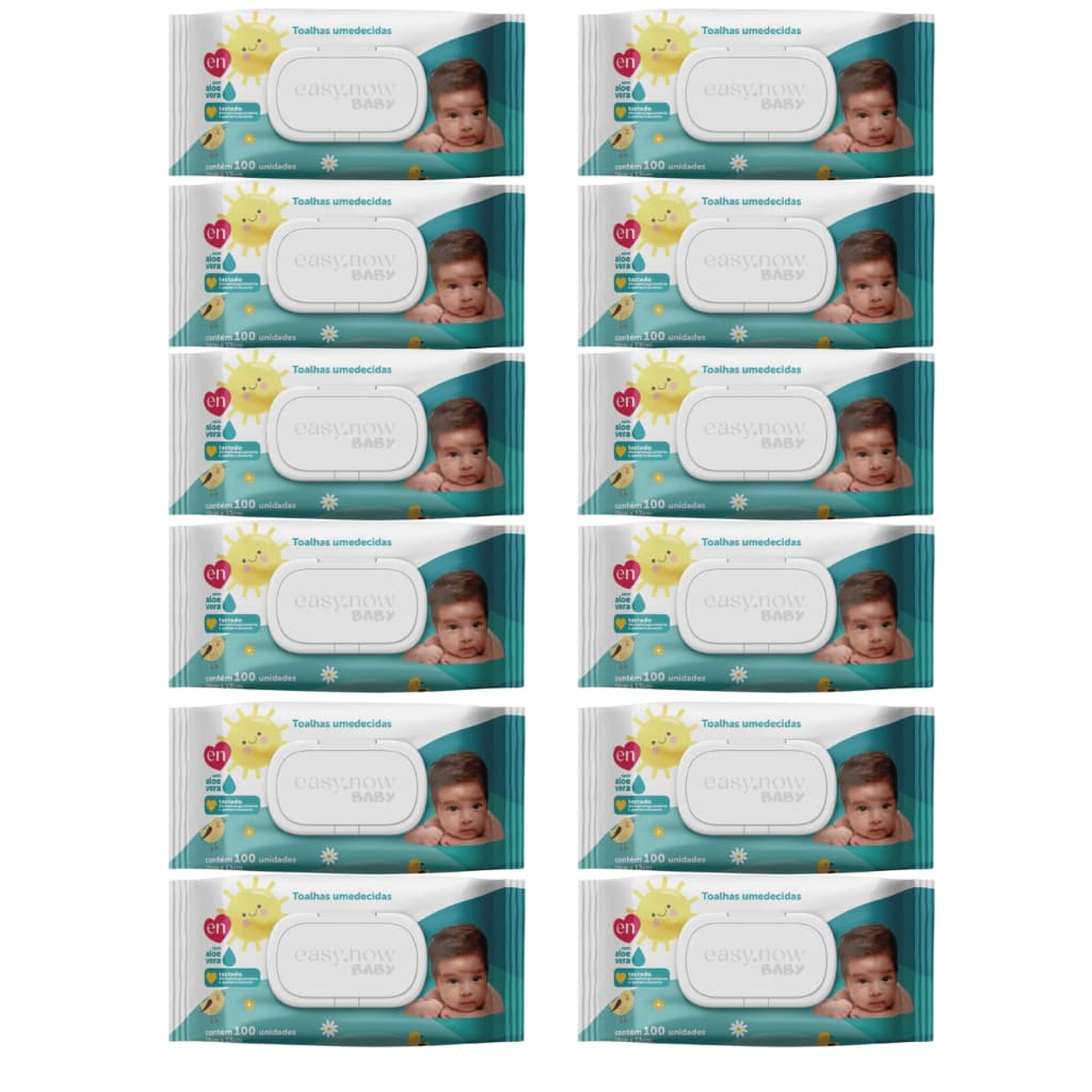 Toalhas Umedecidas para Bebê 12 Pacotes de 100 Folhas cada com Tampa Flip Top Easy Now Baby