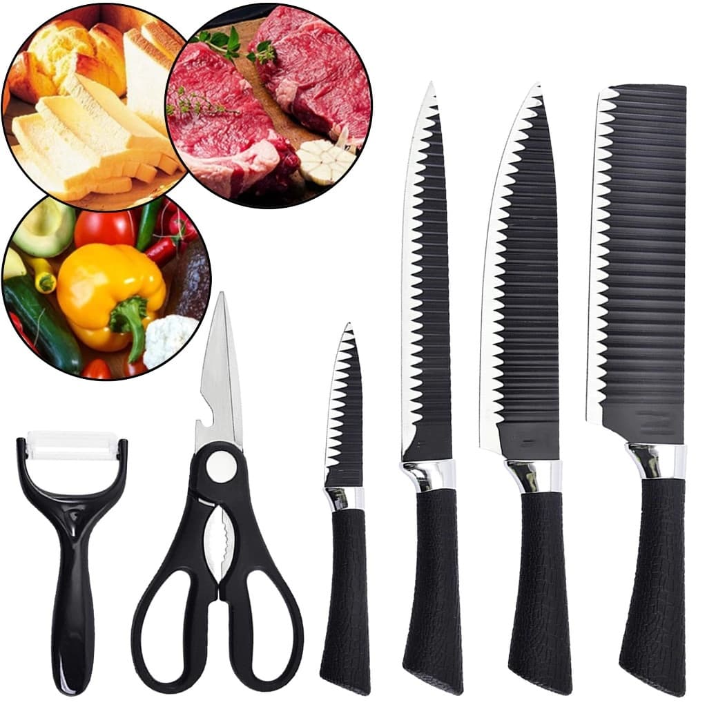 Kit 6 Peças Conjunto de Faca Carne Legumes Aço Carbono Descascador Tesoura Profissional