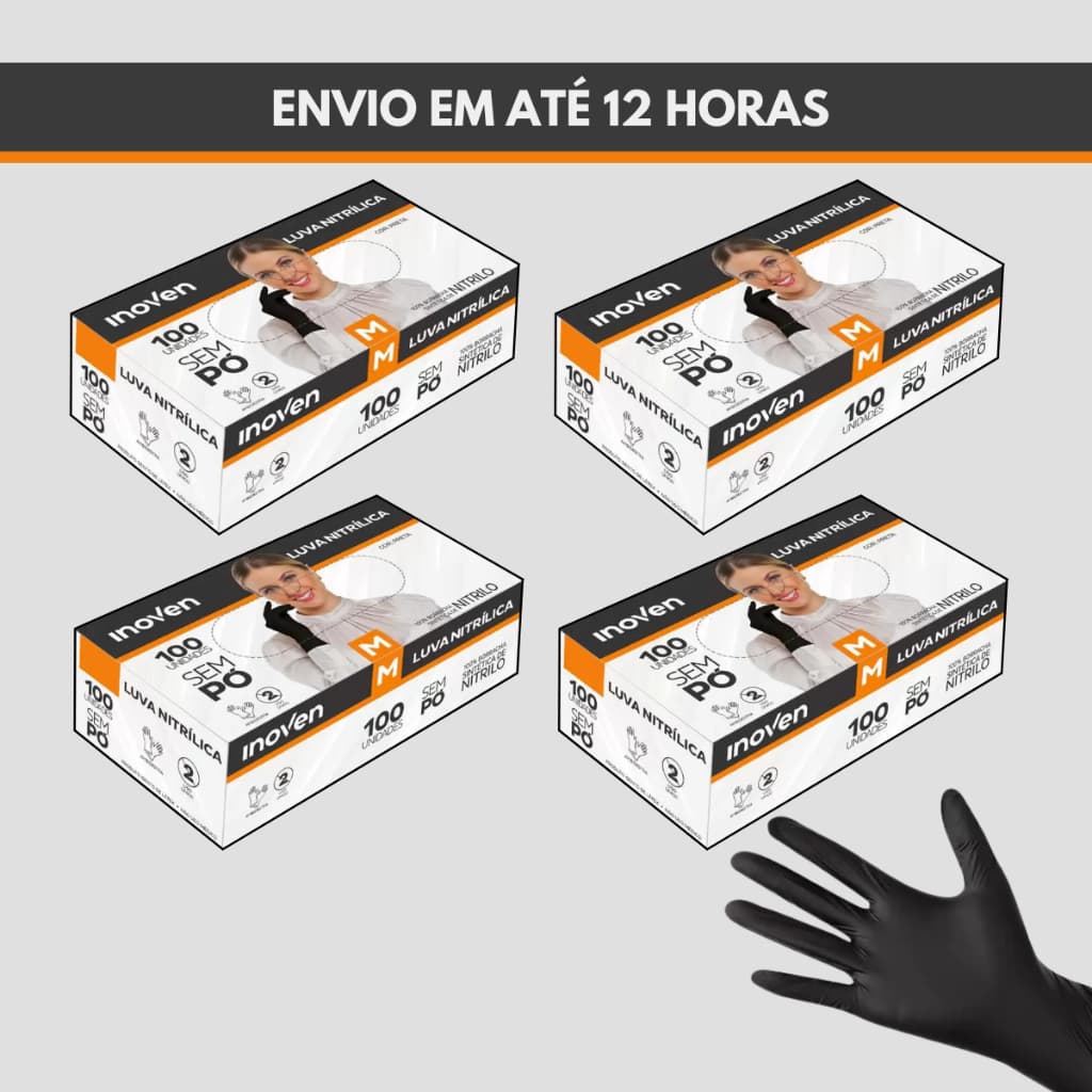 Kit 4 Caixas Luva Nitrilica Preta Descartável Sem Pó 400 Unidades Inoven Tamanhos P M G