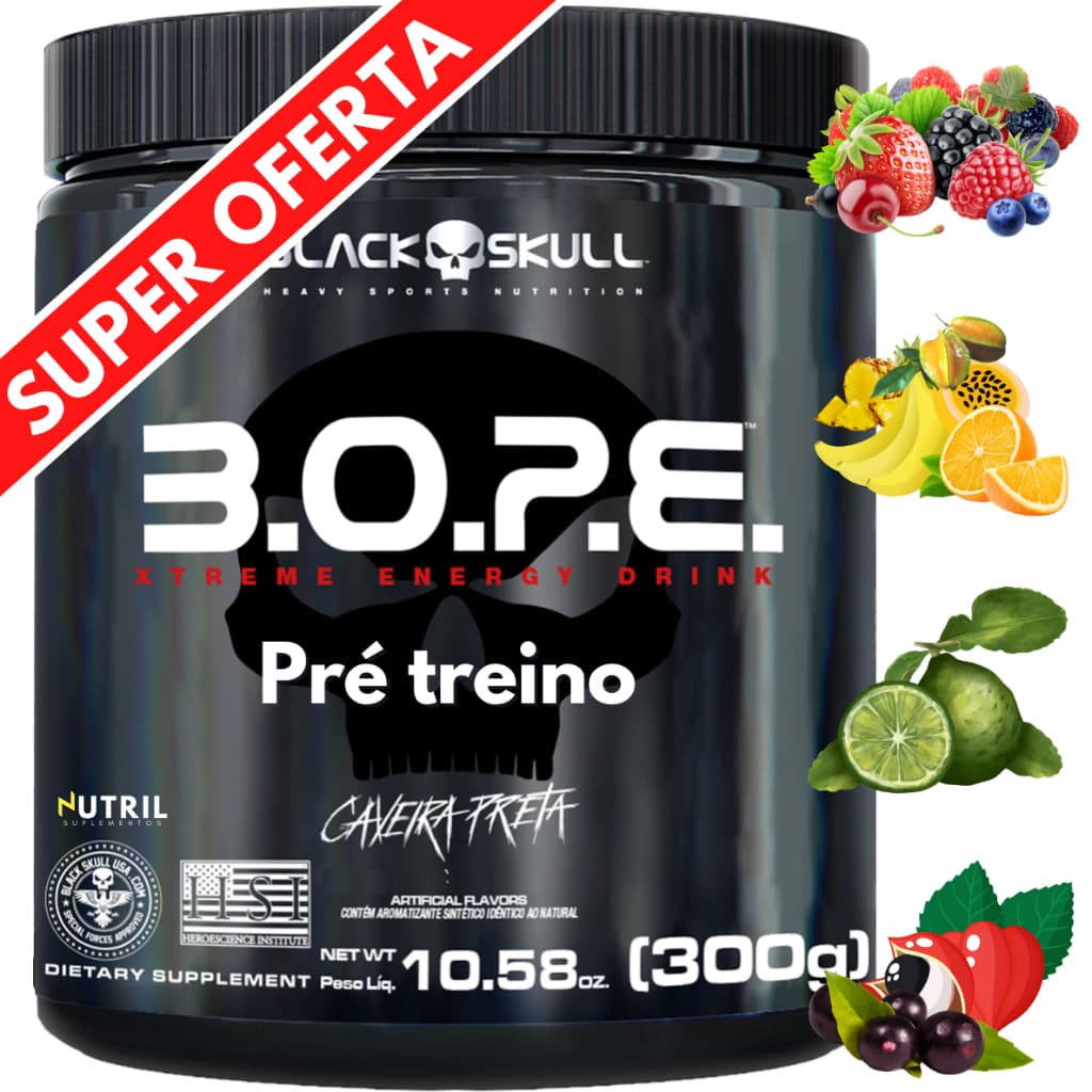Pré-Treino BOPE 300g - Suplemento em Pó Black Skull - B.O.P.E. - Energia - Disposição Caveira Preta