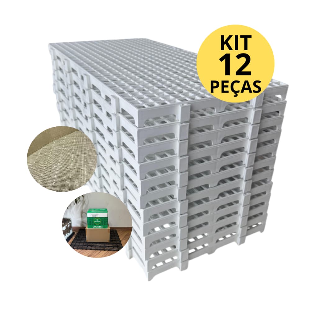 Kit 12 PEÇAS - Palete Estrado Piso Plástico Modular Branco Camara Fria Pet Shop Depósito Deck Pallet