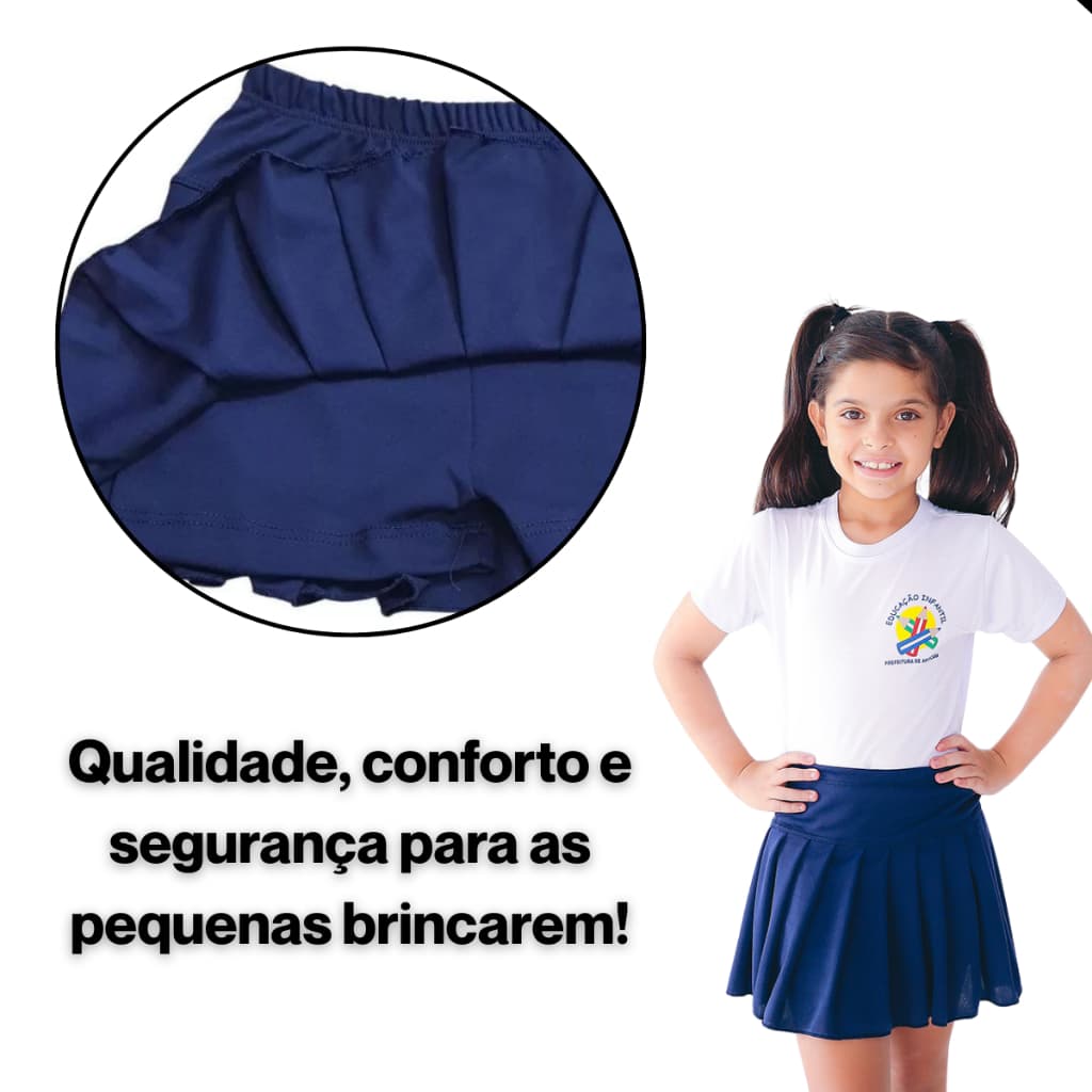 Shorts saia com pregas infantil para uniforme e dia a dia.