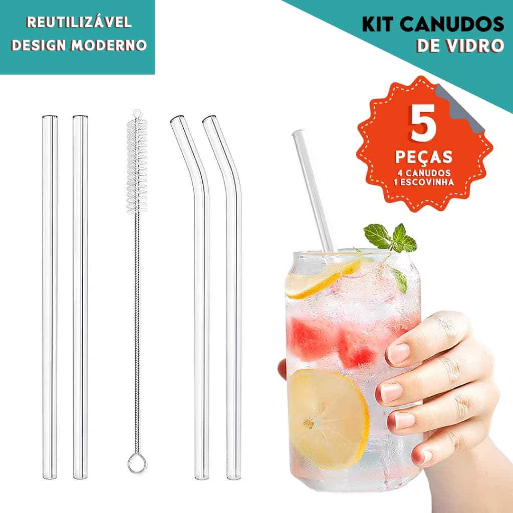 Kit Canudos de Vidro Reutilizáveis – 4 Canudos + Escova de Limpeza | Aviv