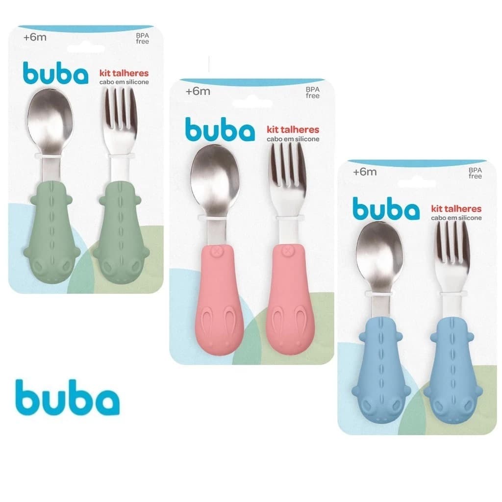 Kit Talheres Inox Colher Garfo Buba Silicone Bebê Introdução Talher Escolar Lancheira Infantil