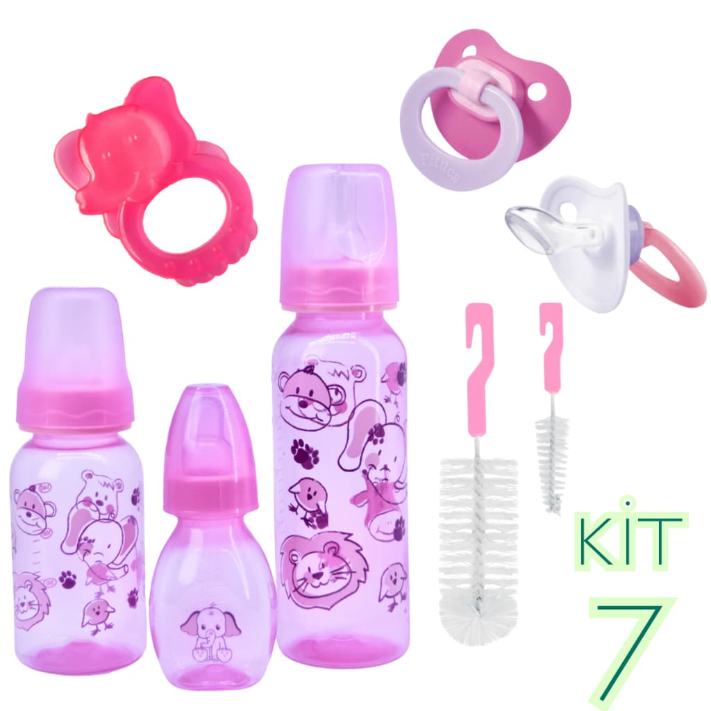 Kit Para Bebê 7 Peças Mamadeiras Escovas Mordedor Chupeta