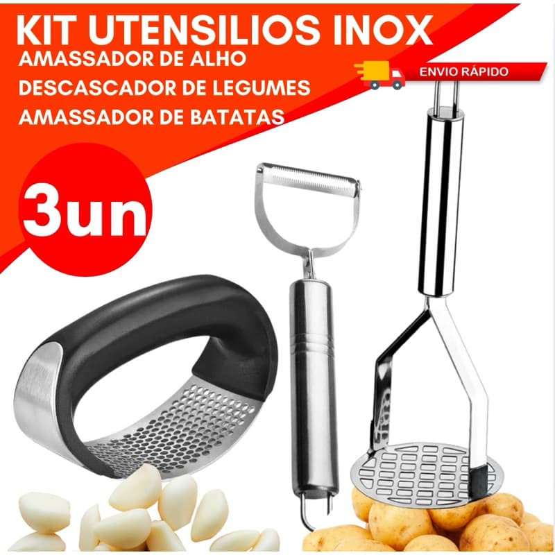 Kit 3 Utensílios de Cozinha em Inox Amassador de Batatas Descascador de Legumes Amassador de Alho