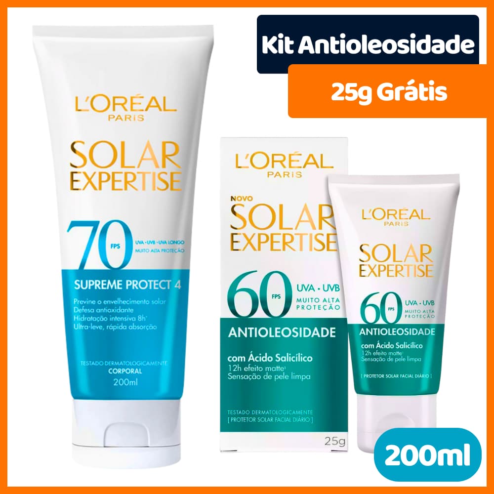 Kit  com Protetor Solar Corporal Loreal Expertise Supreme Protect 4 FPS70 200ml + 1 Facial Antioleosidade FPS60 25g