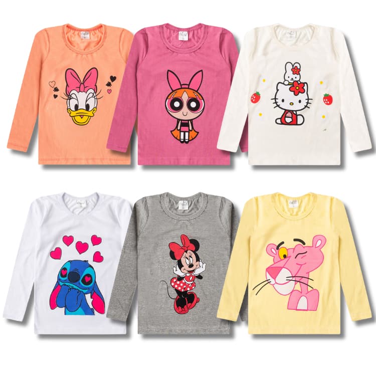 Kit 4 Blusas Manga Longa Feminina/Menina Estampada Infantil e Juvenil Meia Estação Cotton do 3 ao 16