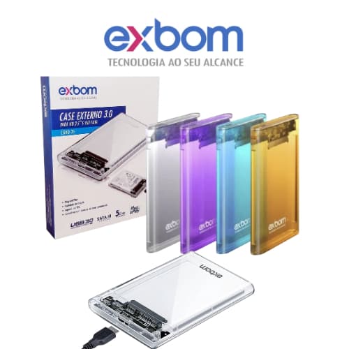 Case Externo Exbom 3.0 para HD/SSD 2.5" Transparente/Colorido CGHD-35 SATA USB3.0 Plug Play