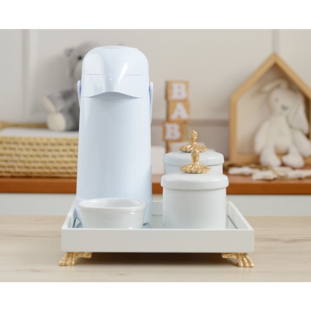 Kit Higiene Bebê K012 Moderno Banho Bancada Dourado Porcelana Bandeja Térmica Potes Cotonete Algodão