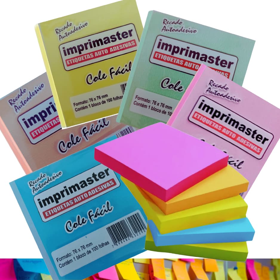 10 Blocos Recados 76x76mm Cole Fácil Post It 1000 folhas cada - 5 Cores: Rosa, Laranja, Amarelo, Azul e Verde
