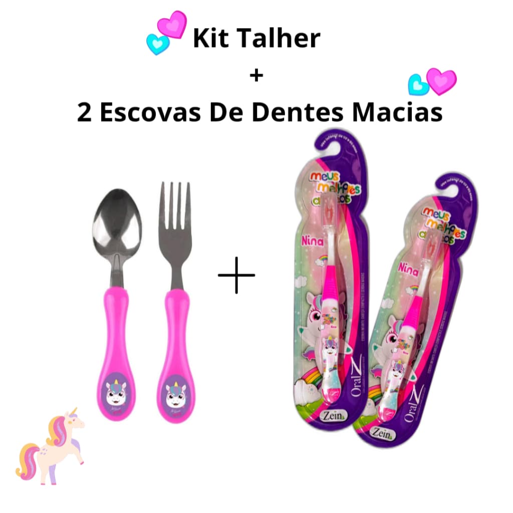 Kit Talher Garfo E Colher Rosa Infantil + 2 Escovas de Dentes Macias Unicórnio Criança Menina
