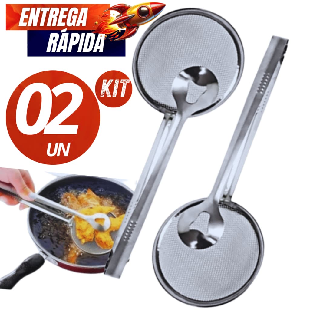 Kit 02/01  - Escumadeira Pescadora Para Fritura C/pegador Em Inox 2 Em 1 Variáveis Utilidades Premium