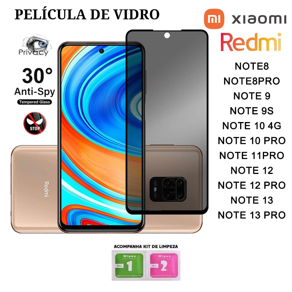 Película De Privacidade 3D Vidro Temperado Anti-Spy Para Xiaomi Redmi NOTE 8 Ate NOTE 13