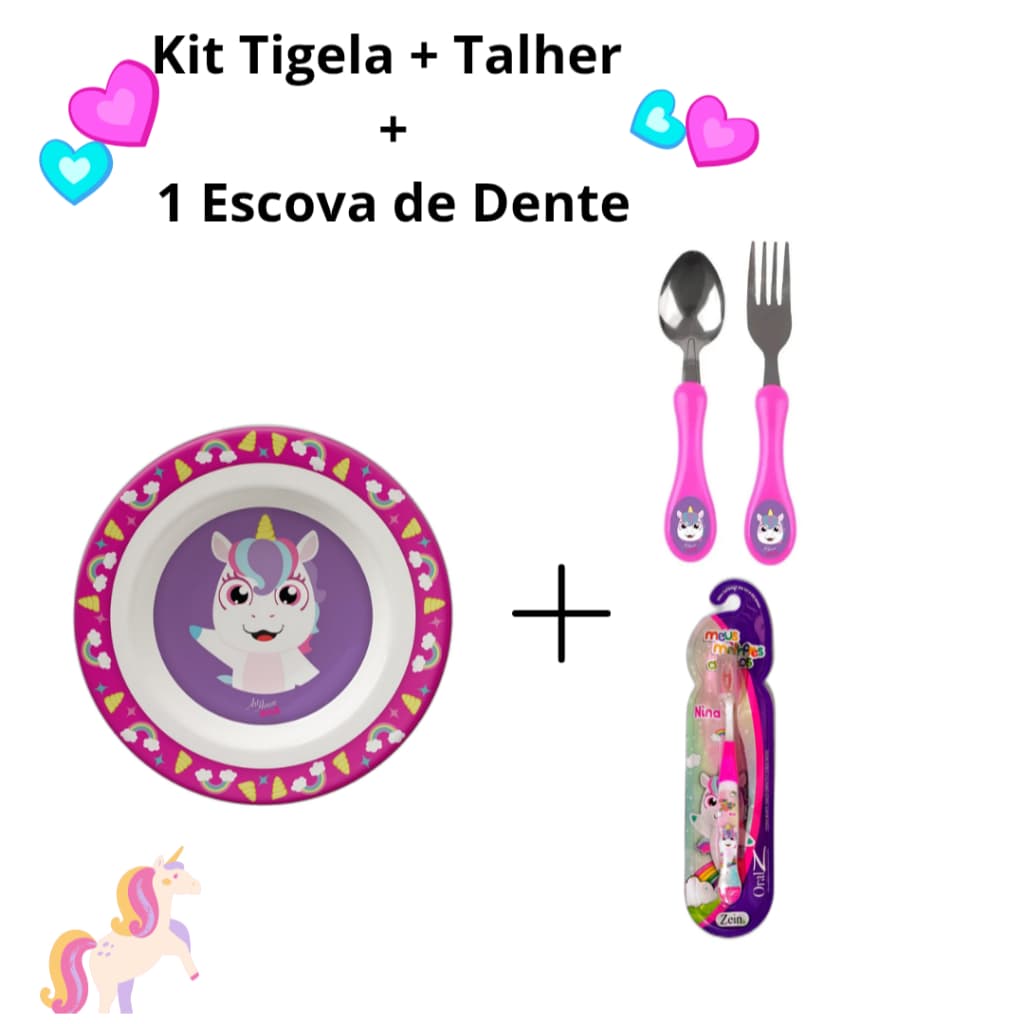 Kit Refeição Unicórnio Menina Tigela Rosa + Kit Talher Colher E Garfo + 1 Escova de Dentes Macia Infantil Criança