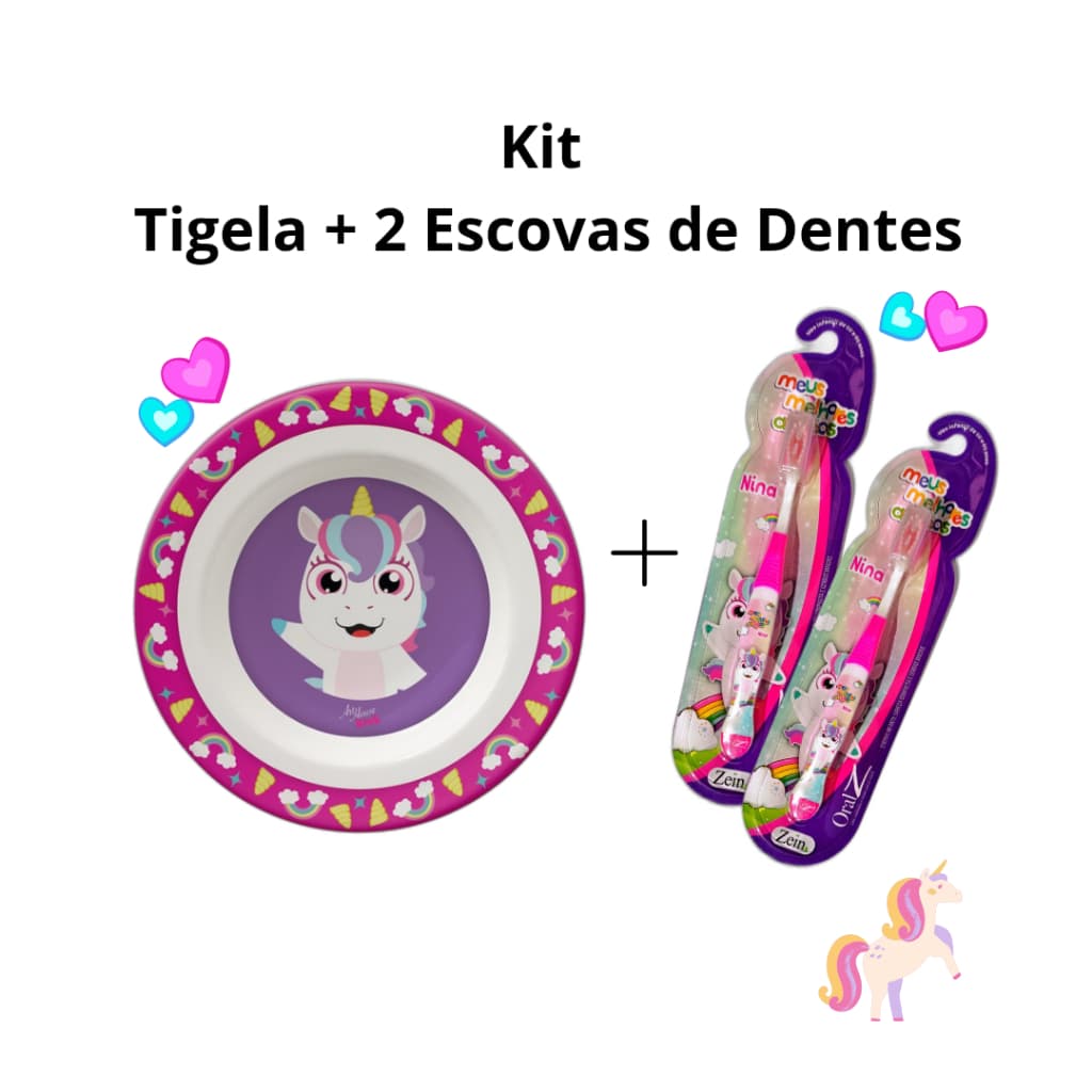Kit 1 Tigela Pote Unicórnio Rosa + 2 Escovas De Dentes Unicórnio Infantil Criança Menina