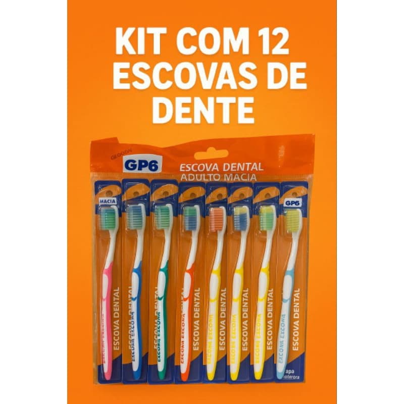 kit com 12 Escovas de Dente - Cerdas Macias - Uso Diario - Cores Sortidas