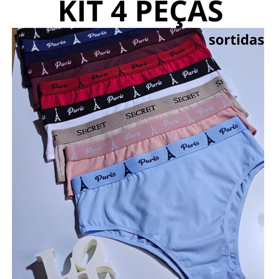 KIT 4 Calçola de Algodão Conforto Cos com Elástico Plus Size Calcinha Cotton  Lisa Lingerie Confortável