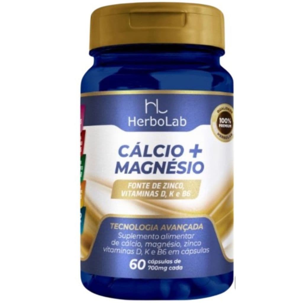 Suplemento CÁLCIO + MAGNÉSIO + vitaminas K, D, B6 e zinco em cápsulas sabor neutro