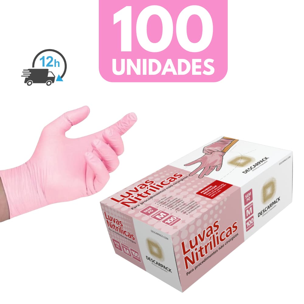 Luva Nitrilica Descartável Rosa Sem Pó 100 Unidades Caixa de Luvas Vitrílo