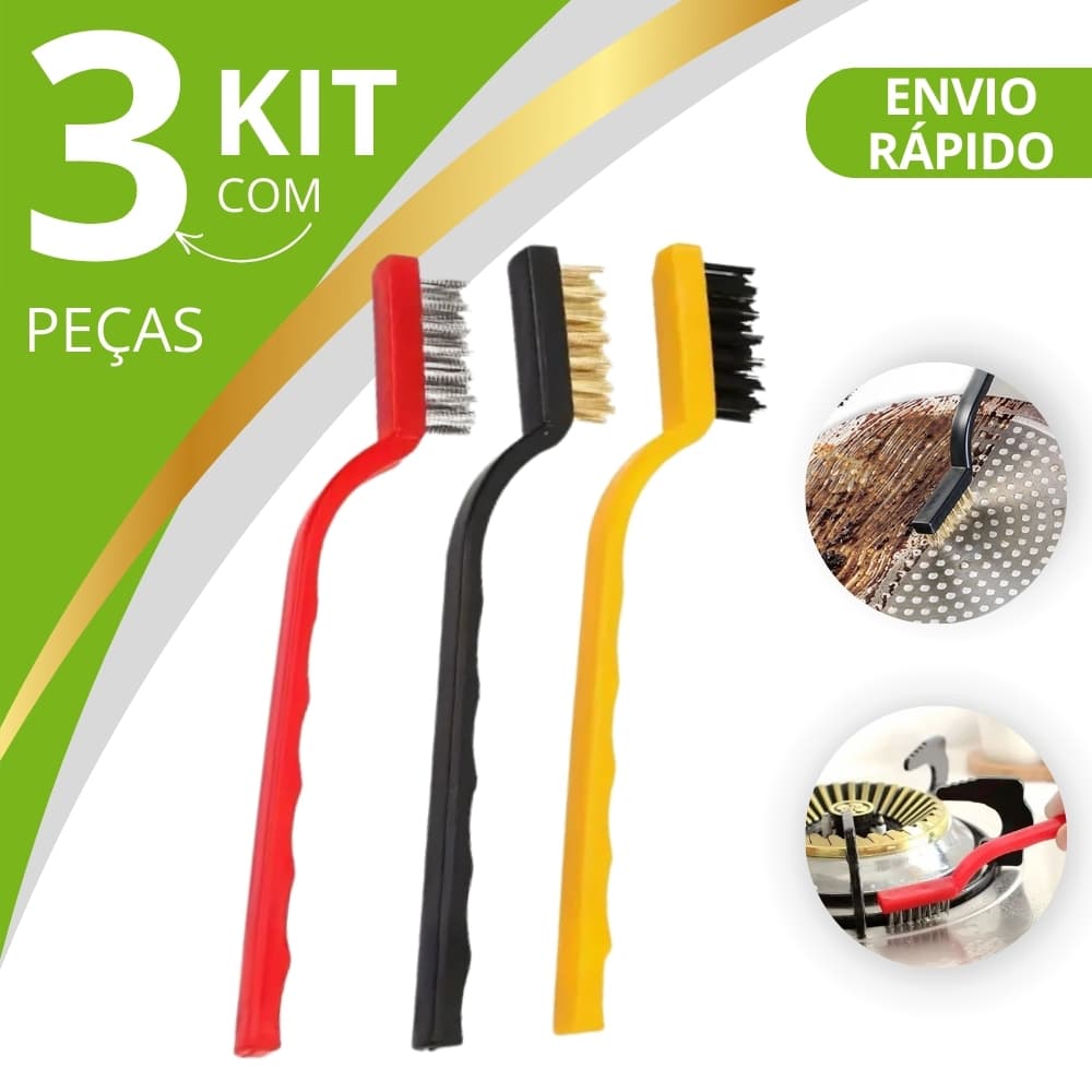 Escovas de Aço Multiuso Kit 3 Pcs Aço Latão Nylon Cabo Plástico