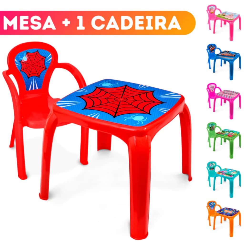 Kit Mesinha Mesa Infantil com 1 Cadeira Menino Menina Homem Aranha Princesa Baby Shark Carros