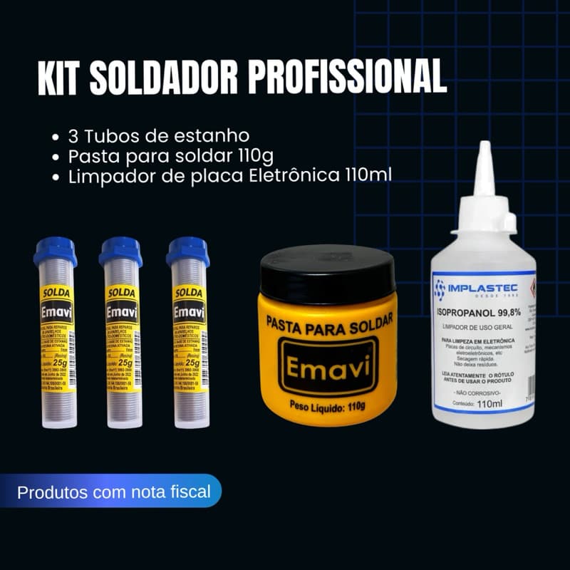 Kit Profissional Solda de Placas Eletrônicas 3 tubos estanho 25g + Pasta para soldar 110g + Limpador de Placas 110ml
