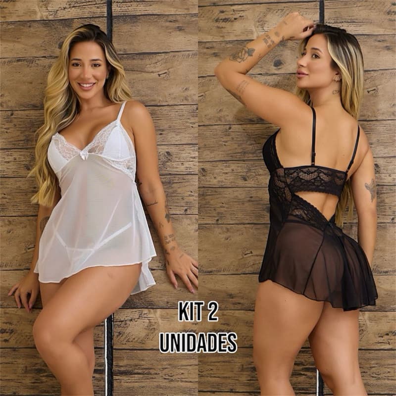 Kit 2 Camisolas sexy de tule com renda sem bojo costa nua sensual pijama roupa de dormi costas abertas lingerie sexy