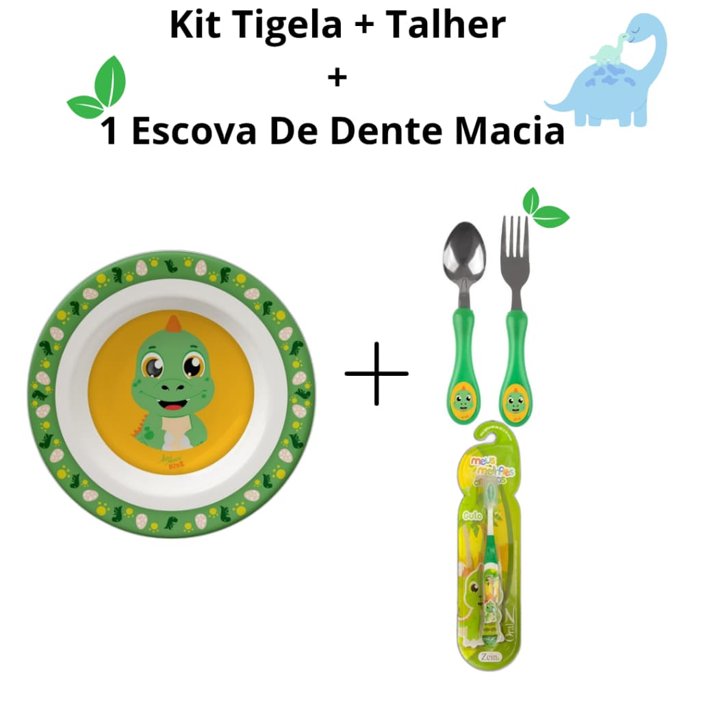 Kit Refeição Dinossauro Menino Tigela Pote Verde + Talher Colher E Garfo + 1 Escova de Dentes Macia Infantil Criança