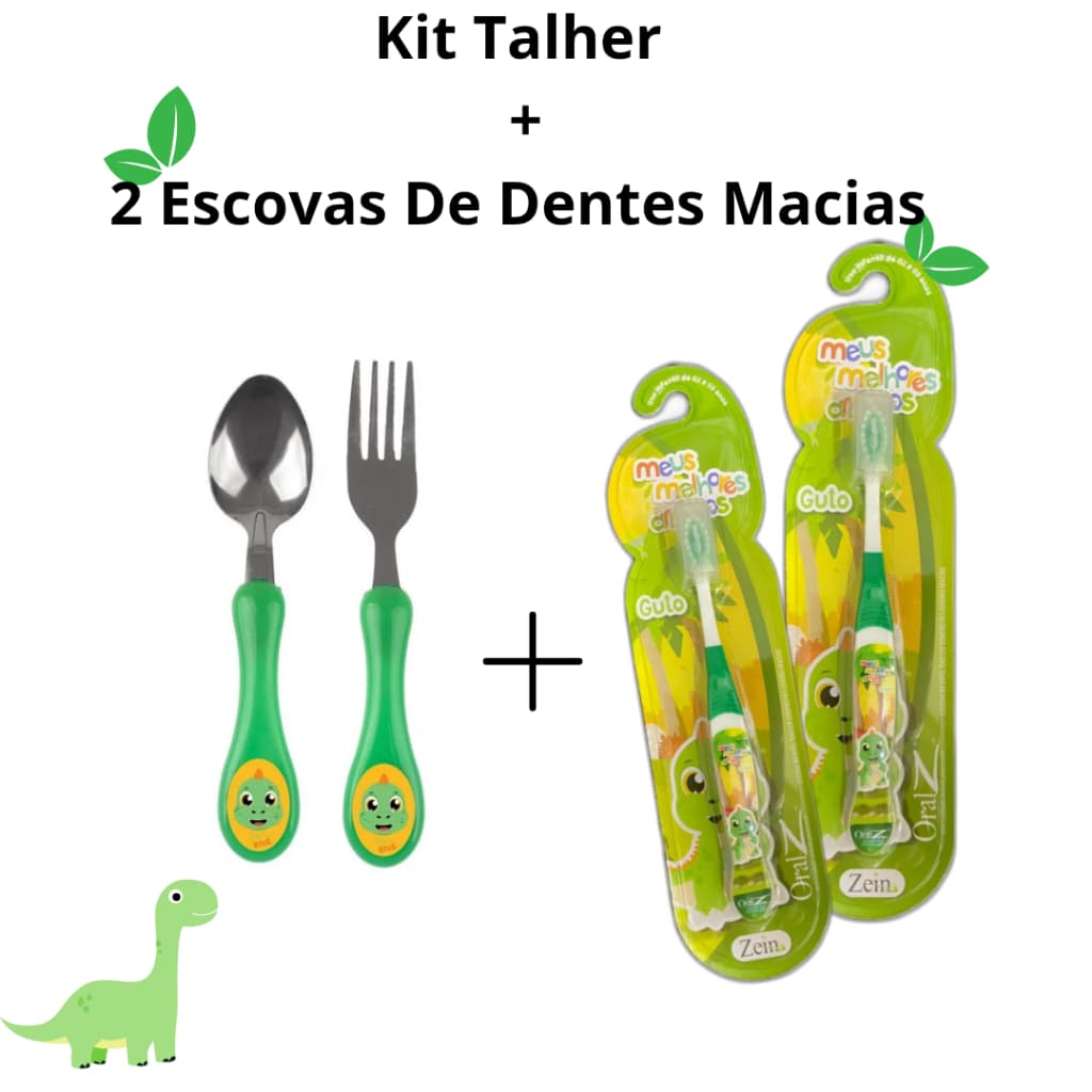 Kit 2 Escovas Dinossauro De Dentes Macias Infantil Menino + 1 Kit Talher Garfo E Colher Verde Criança