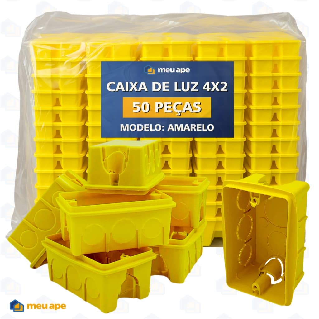 50 Caixa de Luz 4x2 Reforçada P/ Tomada Interruptor Embutir Amarelo/Preto Energia Meu Ape