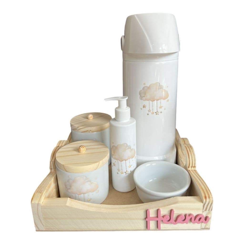 KIT HIGIENE PORCELANA DESENHO NUVEM GARRAFA GRANDE COMPLETO