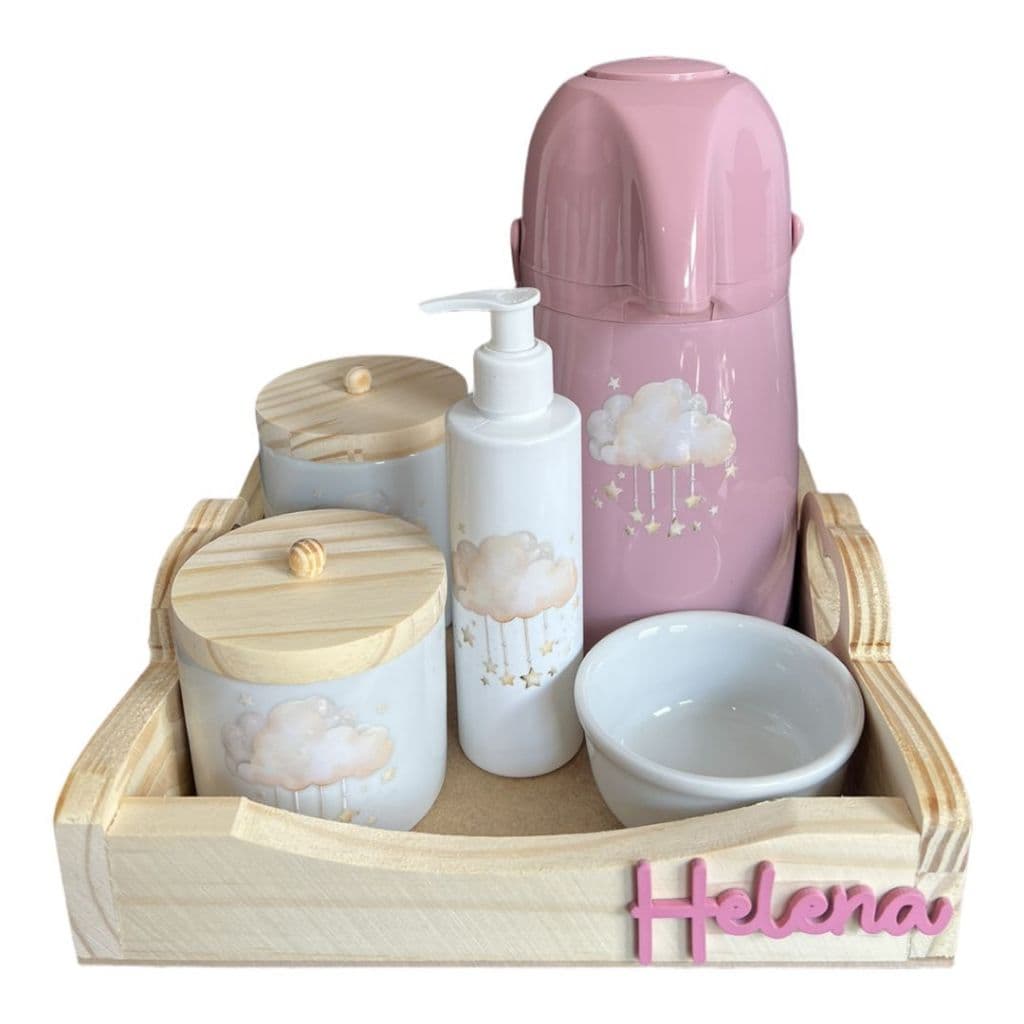 KIT HIGIENE PORCELANA DESENHO NUVEM GARRAFA GRANDE COMPLETO