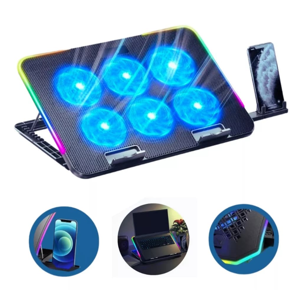 Suporte Base Cooler para notebook 9" até 17" Led RGB  6 Coolers Ventoinha Silencioso Refrigerada USB